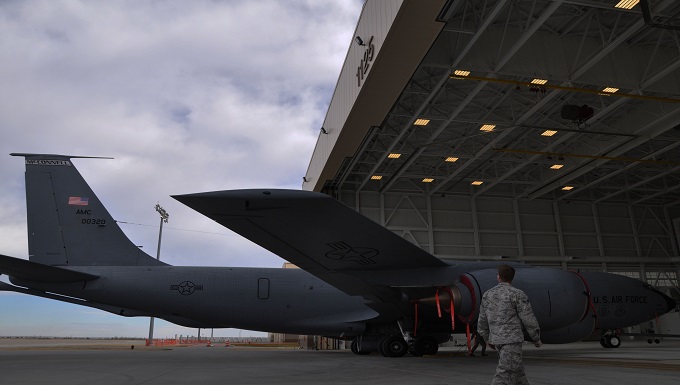 McConnell Airmen tow first KC-135 to Hangar 1125